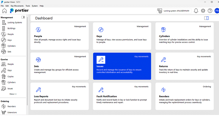 The portier Vision 5.7 dashboard with the Issues tile selected, where keys are issued and the handover recorded.