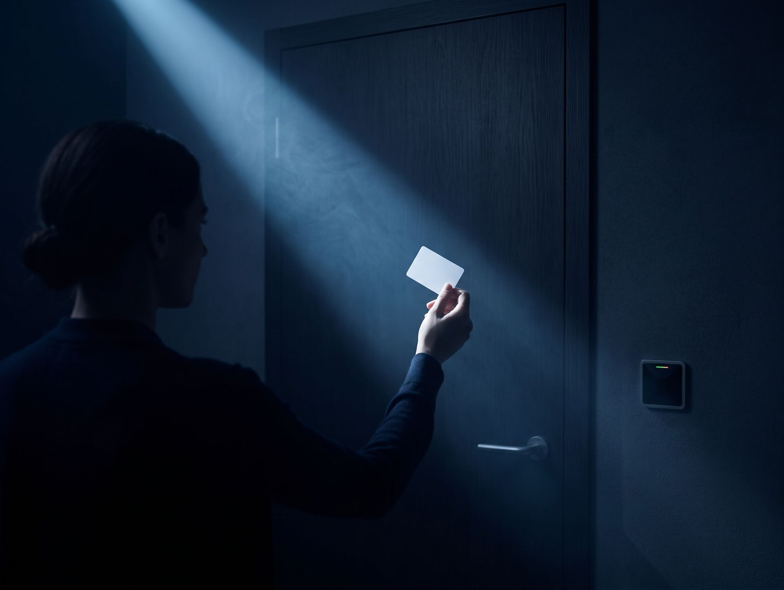 A person in silhouette at a flush door raises a plain white access card into a shaft of cool-blue light, a card reader glowing beside them.