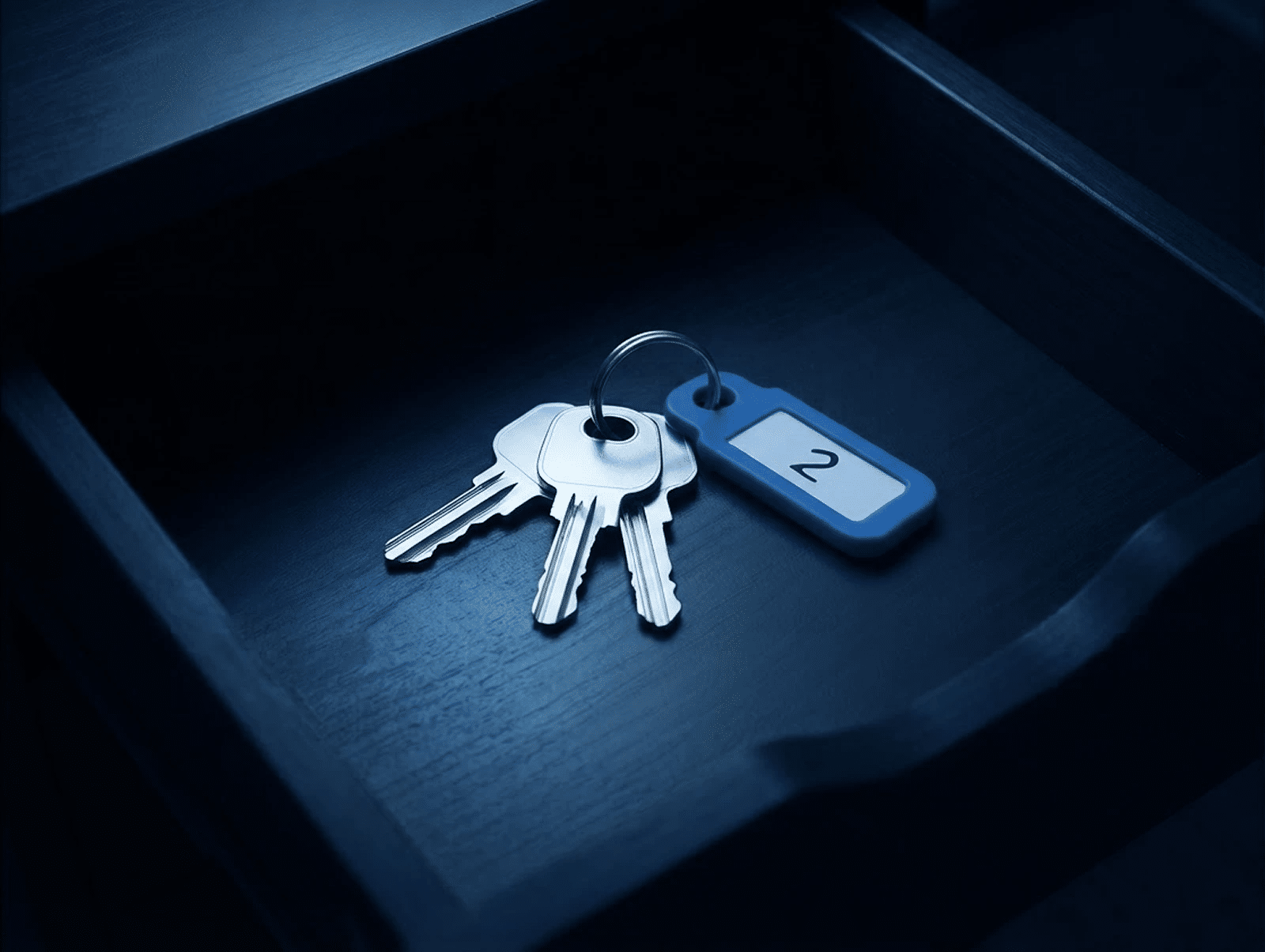 A set of keys on a ring beside a blue numbered fob tag, left behind in an emptied dark desk drawer under one cool light.