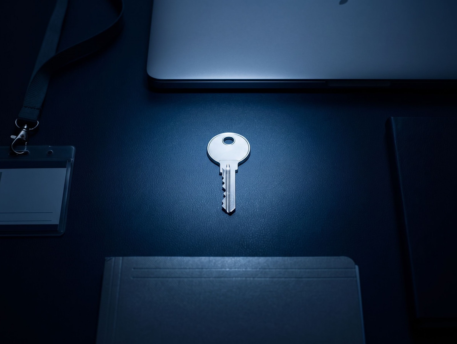 A single silver key lit at the centre of a dark desk, surrounded by a closed laptop, a lanyard ID badge and a folder, the things an employee hands back when they leave.