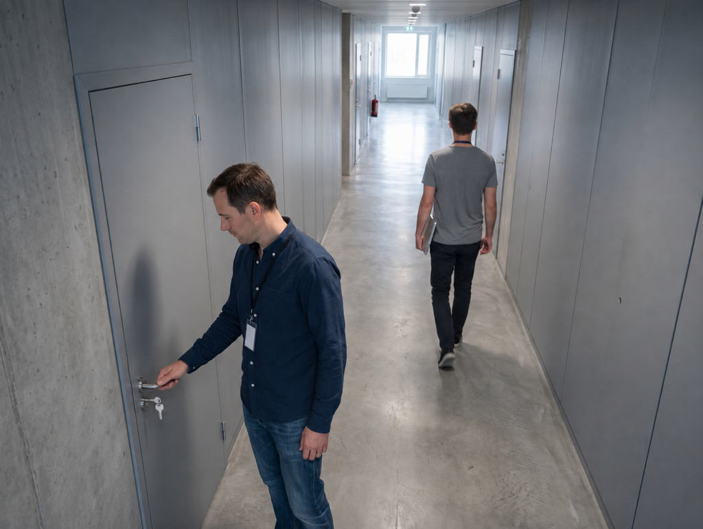 A corridor with several different steel doors, including a double door, a fire door with a push bar, and a door with a vision panel.
