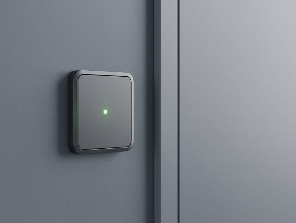 Ein wandmontierter Kartenleser neben einer Tür an einer schiefergrauen Wand, seine Anzeige leuchtet grün, während niemand da ist.