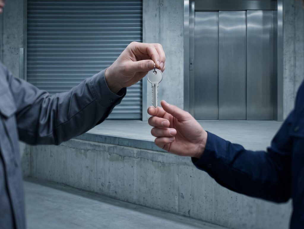 A building manager hands a contractor a single door key at a basement service entrance, beside a service lift and loading dock, the moment temporary access is granted.