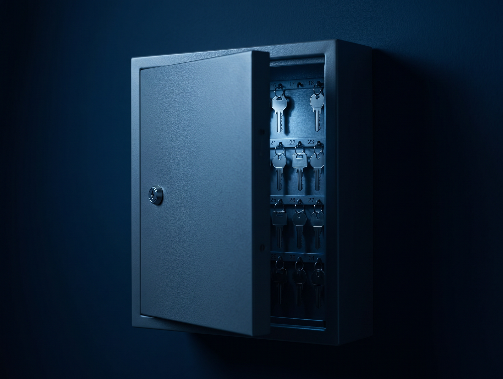 An open wall-mounted key cabinet with numbered hooks, some holding keys and some empty, in deep blue low light.