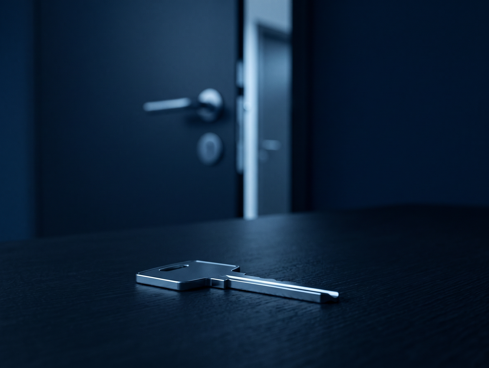 Key management software for property management: a single silver key on a dark desk with an office door standing ajar in deep blue light.