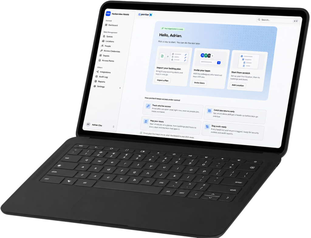 The portierX dashboard on a laptop, showing one record per person, the keys and cards each person holds from issue to return, and the electronic access systems connected across several sites.