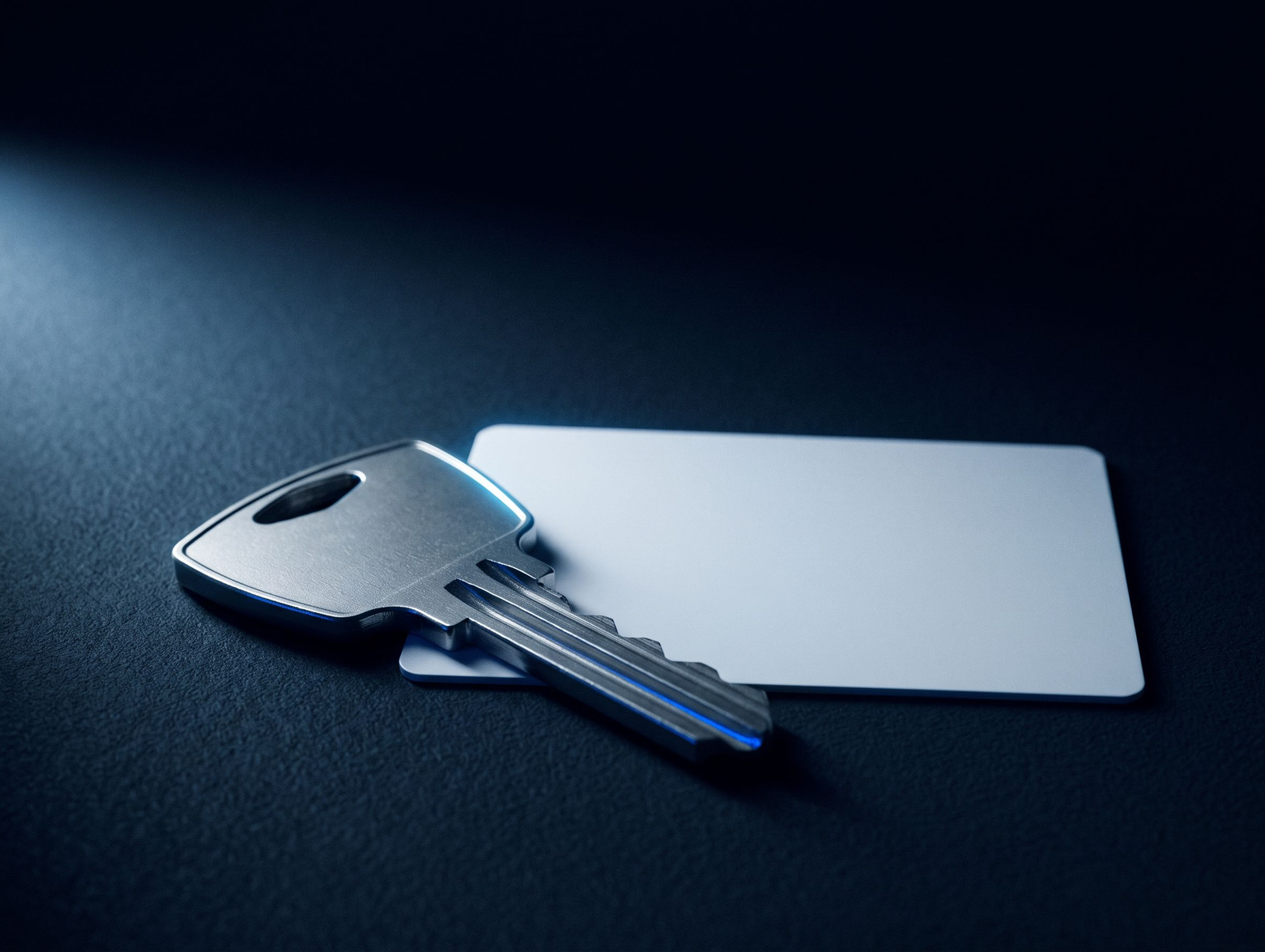 A silver mechanical key resting on a plain white electronic access card on a dark surface, the two credentials one person holds, together in one place.