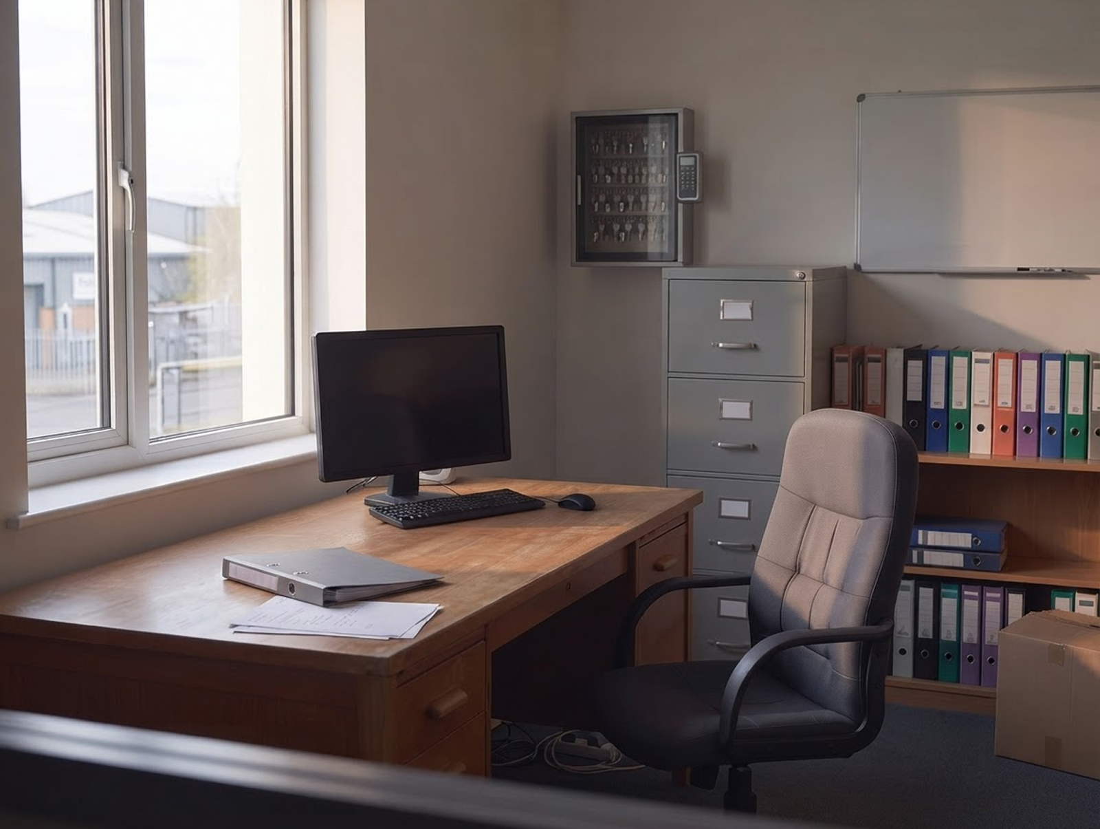 Ein gelebtes Facility-Büro mit einem stählernen Schlüsselschrank voller nummerierter Schlüssel an der Wand, einem Aktenschrank und Regalen mit Ordnern sowie einem Schreibtisch mit einem Monitor und einem Schlüsselnachweis-Ordner, zwei getrennte Systeme in einem Raum.