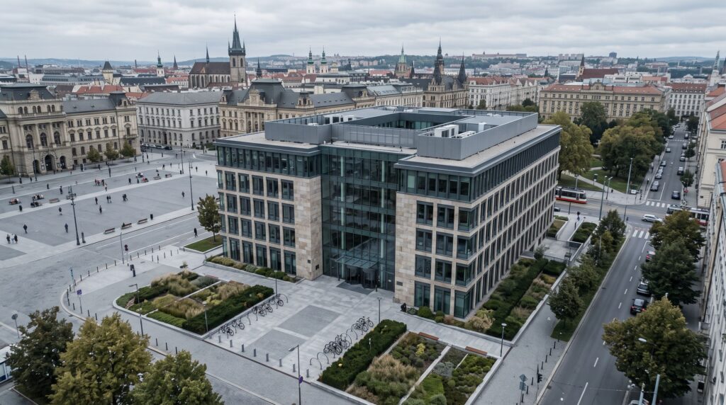Aerial view of a civic administration building on a public square