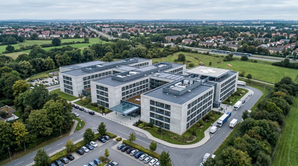 Aerial view of a hospital campus with its car parks and service road