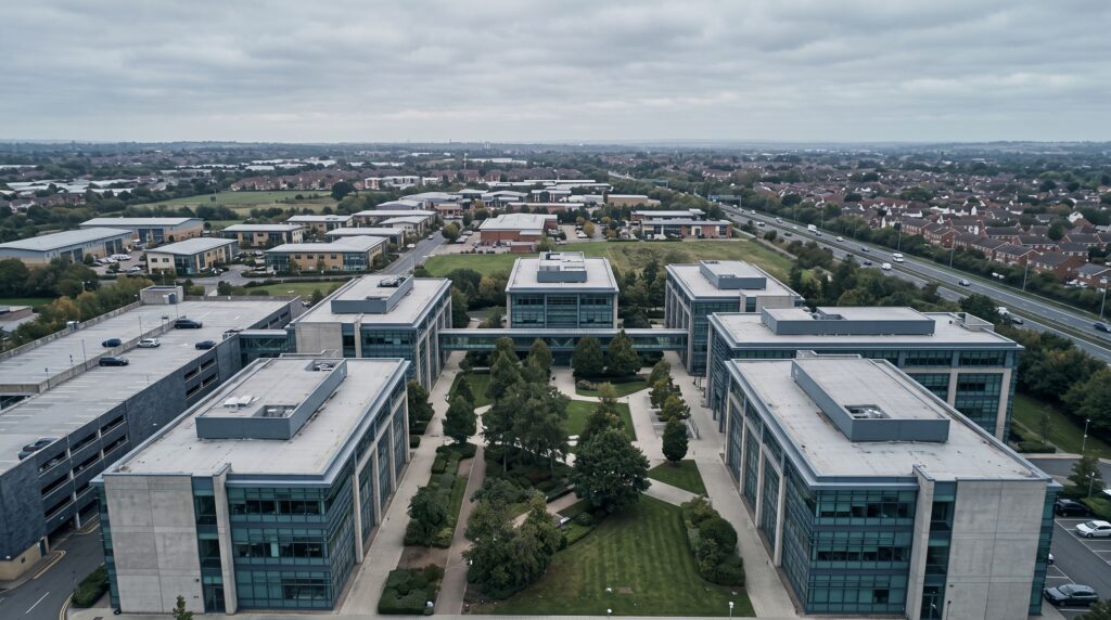 Aerial view of a corporate campus of five office buildings around a courtyard
