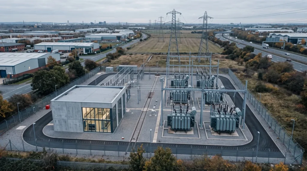 Vue aérienne d’un poste électrique et de son local de commande dans une enceinte clôturée