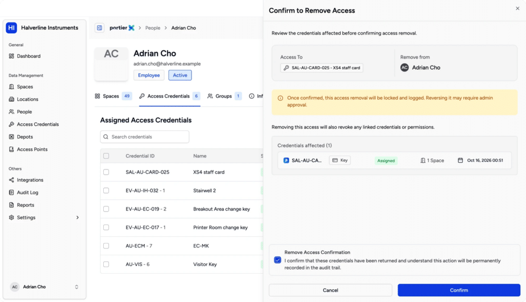 portierX: a SALTO card blocked from the person's record (invented demo data)