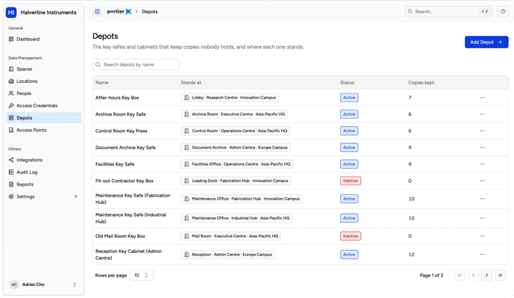portierX : les coffres et armoires à clés, avec les exemplaires conservés dans chacun (données de démonstration fictives)