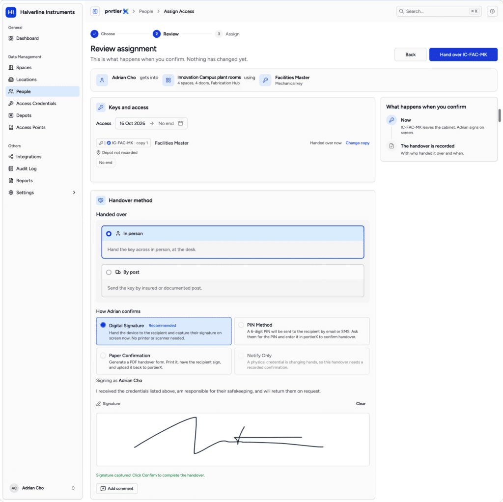 portierX: a key handed over in person and signed for on screen (invented demo data)