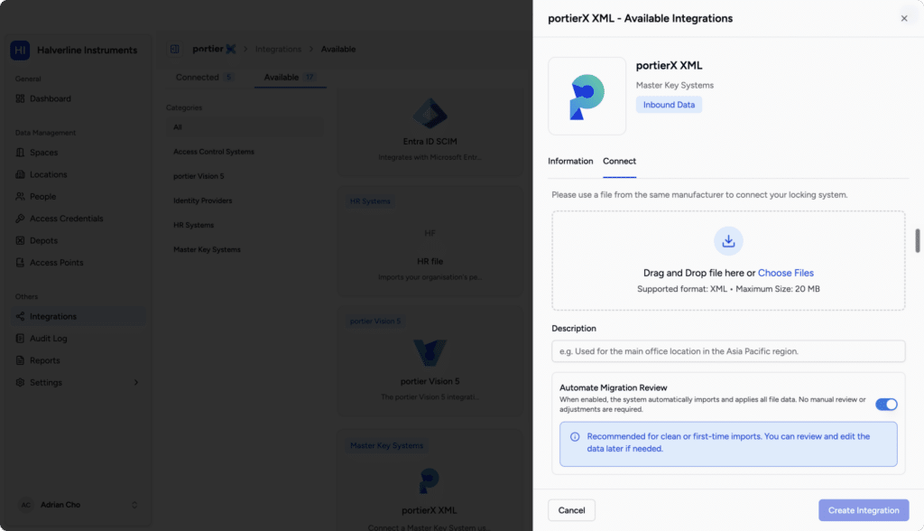 portierX : l’import d’un plan de fermeture depuis un fichier XML (données de démonstration fictives)